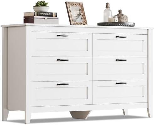WLIVE White Dresser for Bedroom, 6 Drawer Wood Dresser with Metal Handle, Large Double Wooden Chest of Drawers for Living Room, Hallway, Closet