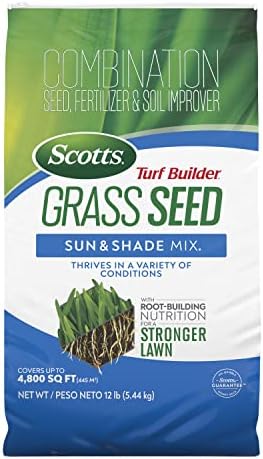 Scotts Turf Builder Grass Seed Sun & Shade Mix with Fertilizer and Soil Improver, Thrives in Many Conditions, 12 lbs.