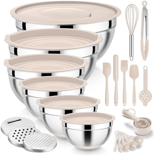 E-far 25PCS Mixing Bowls with Lid Set, Stainless Steel Nesting Prep Bowls with Grater Attachments Non-Slip Bottoms for Cooking, Serving, Food Storage, 4.6/2.6/2/1.5/1/0.7QT - Khaki