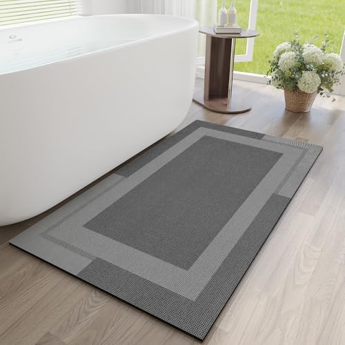 Non Slip Bathroom Runner Mat Rugs, Quick Dry Super Absorbent Rubber Backing Large Long Bath Rug, Diatomaceous Earth Ultra Thin Bath Mat Fit Under Door Bath Floor Shower Sink, Dark Grey 24"x48"