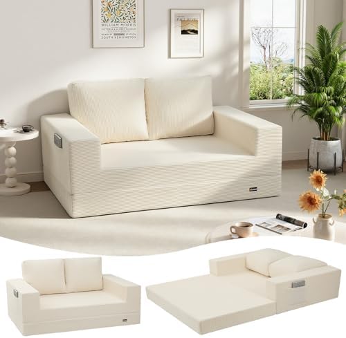COMAX Convertible Sofa Bed Queen, Folding Fold Out Couch Bed, Floor Futon Couch Corduroy Sleeper Mattress with Back Pillows, Boneless Sofa Comfy Lounge Loveseat for Living Room Bedroom, Beige