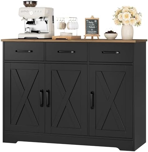 HOSTACK Modern Farmhouse Buffet Sideboard Cabinet, Barn Doors Storage Cabinet with Drawers and Shelves, Wood Coffee Bar with Storage for Dining Room, Kitchen, Living Room, Black/Rustic Brown
