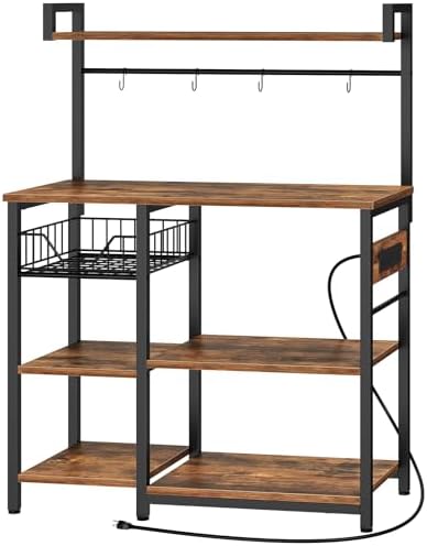 HOOBRO Bakers Rack with Power Outlet, 35.4 Inches Coffee Bar with Mesh Basket, Microwave Stand with 4 S-Shaped Hooks, Kitchen Bakers Rack with Storage, Easy to Assemble, Rustic Brown BF05HB01