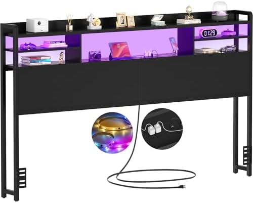 Aheaplus Headboard for King Size Bed with Storage, Headboards with LED Light, Power Outlets, USB Ports King Size Head Board, Wood headboard Only Sturdy and Stable Headboards, Modern, Black