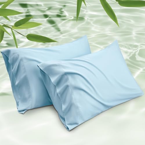 Bedsure Cooling Pillow Cases Queen Size Set of 2, Rayon Derived from Bamboo Cooling Pillowcases for Hot Sleepers, Cool Pillow Covers with Envelope Closure for Women Men, Aqua Blue, 20x30 Inches