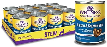 Wellness Complete Health Thick & Chunky Natural Canned Wet Dog Food, Venison & Salmon Stew, 12.5-Ounce Can (Pack of 12)