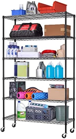 Storage Shelves 2100Lbs Capacity, 6-Shelf on Casters 48" L×18" W×82" H Commercial Wire Shelving Unit Adjustable Layer Metal Rack Strong Steel for Restaurant Garage Pantry Kitchen,Black