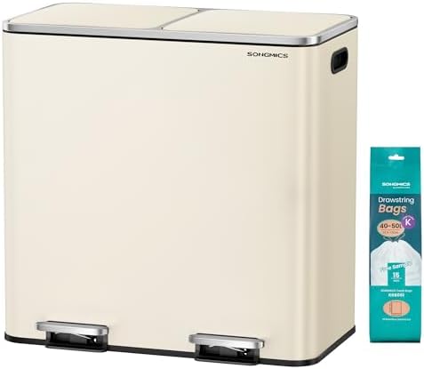 SONGMICS Trash Can, 2 x 10.6 Gallon (2 x 40 L) Garbage Can for Kitchen, with 15 Trash Bags, 2 Compartments, Plastic Inner Buckets and Hinged Lids, Airtight, Almond Color ULTB730A01V1