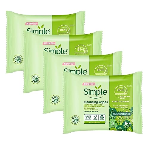 Simple Sensitive Skin Experts Kind To Skin Cleansing Facial Wipes, Waterproof Mascara Remover, Even Softer, 25 Count, (4 Pack)