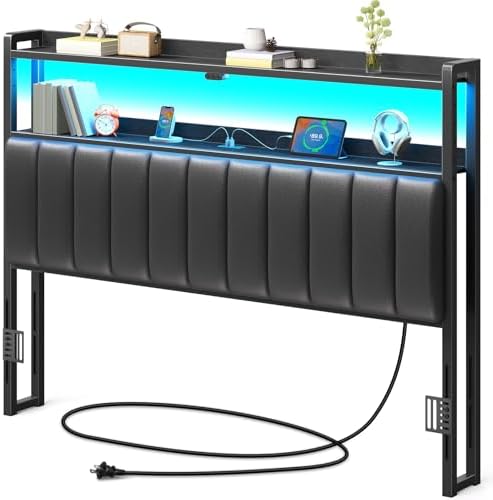 Rolanstar Headboard for Queen Size Bed with Storage, 60,000 DIY Color of LED Light, Head Board with USB, Type C Port, Height Adjustable, Black Upholstered Cabeceras de Cama Comfortable Modern, Leather
