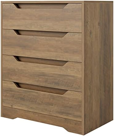 HOSTACK Brown Dresser, 4 Drawers Dresser, Farmhouse Chest of Drawers with Cut-Out Handles, Small Storage Organizer with Drawers, Wood Makeup Chest Organizer for Living Room, Home Office, Rustic Brown