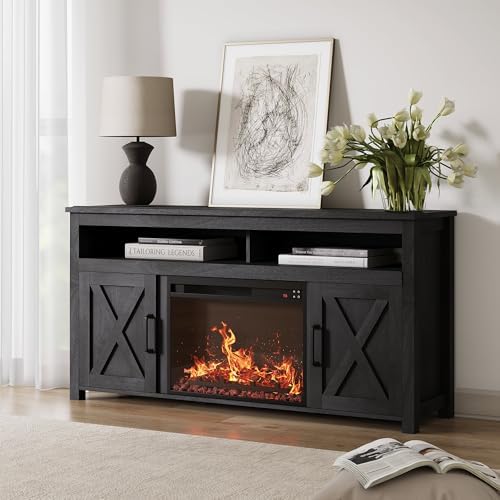 BELLEZE 58" Farmhouse Fireplace TV Stand for TVs up to 65", 23" Electric Fireplace Heater with Sound, Entertainment Center Media Console Table Barn Door Storage Cabinets for Living Room - Rustic Grey
