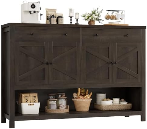 HOSTACK 55'' Buffet Sideboard Cabinet with Storage, Coffee Bar with 2 Drawers, Farmhouse Console Table with Doors, Storage Cabinet with Shelf for Kitchen, Living Room, Entryway, Dark Brown