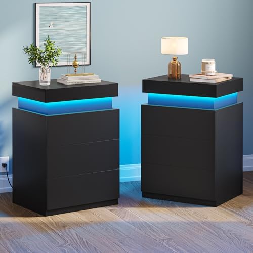 BTHFST LED Nightstands Set of 2,Night Stands for Bedroom Set of 2,Nightstand with Charging Station and Sliding Top,Bedside Table with Power Outlets & Drawers,Modern End Side Table (Black)