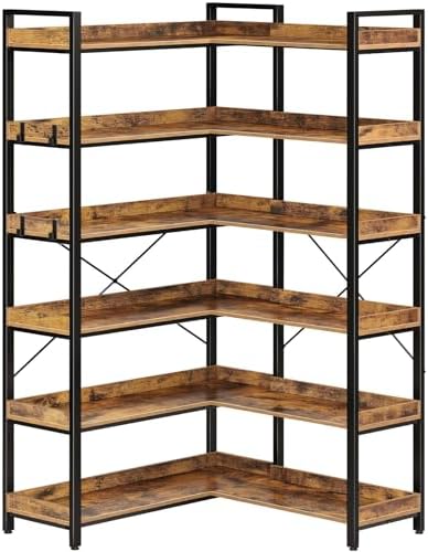 Rolanstar Bookshelf 6 Tier with 4 Hooks, Reversible Corner Bookshelf, 69" Industrial Wooden Bookcase with Open Shelves and Metal Frame for Living Room, Bedroom, Home Office, Rustic Brown
