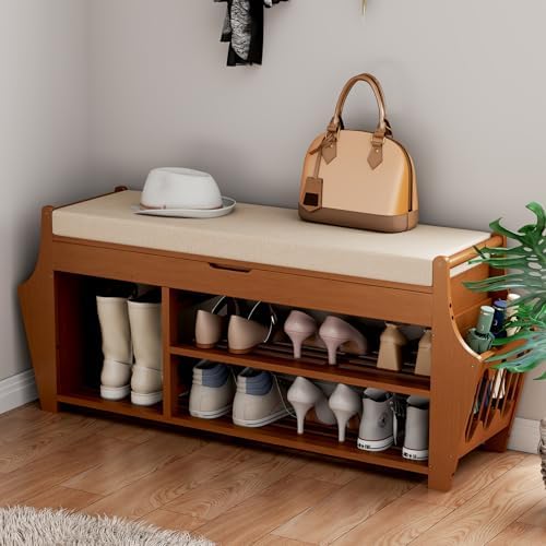 47.2in Shoe Bench Entryway - Bamboo Shoe Rack Bench with Storage, Shoe Rack Organizer with Cushion, 2 Side Holder, Holds Up tp 330lbs for Front Door Entrance, Living Room