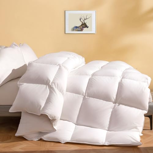 DWR Luxury Feather Down Fiber Comforter King Size, Ultra-Soft Egyptian Cotton-Blend Fabric, High FP Medium Weight for All Season Hotel Style Fluffy Duvet Insert with Ties (106"x90", White)