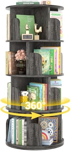 Rotating Bookshelf, Wood Corner Bookshelf, 360 Display Spinning Bookcase Storage Rack, 4 Tier Floor Standing Revolving Bookcase Narrow Book Shelf Organizer for Small Space, Bedroom, Grey Oak