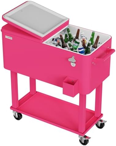 VINGLI 80 Quart Rolling Ice Chest, Portable Patio Party Bar Drink Cooler Cart, with Shelf, Beverage Pool with Bottle Opener