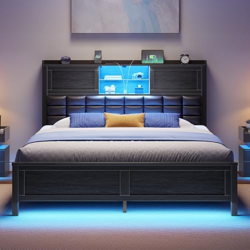 Rolanstar Bed Frame Full Size with Charging Station, Bookcase Headboard Bed with LED Light and Sliding Doors, Platform Bed with Wooden Slats, No Box Spring Needed, Noise Free, Black