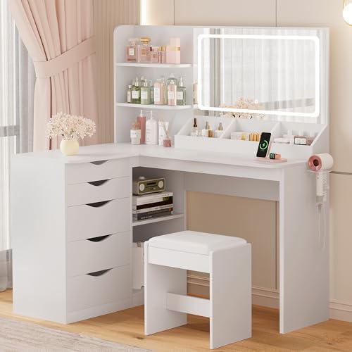 YESHOMY Vanity Desk with Lights and Mirror, L Shaped Makeup Table, Dresser with Hairdryer Holder and Power Outlet, Adjustable 3 Lighting Modes, 5 Drawers and Adjustabled Open Storage Shelves, White