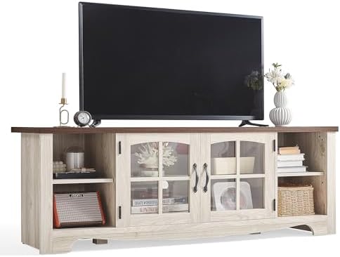 LINSY HOME TV Stand for 75 Inch TV, Modern Farmhouse Entertainment Center with Storage Cabinets and Glass Doors, Tall Media Console Table for Living Room, Bedroom, Large Long Television Stand, Beige