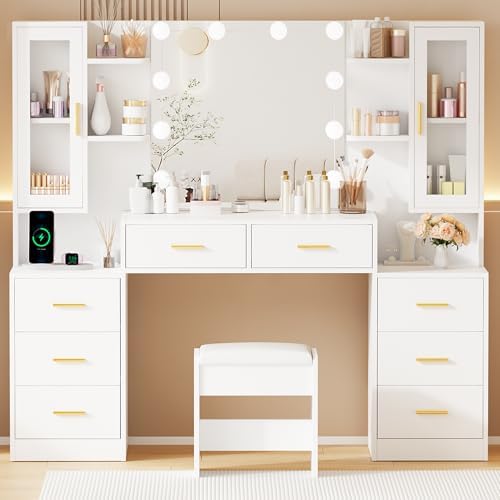 ANWBROAD 59.1" Large Vanity Desk with Mirror & Lights White Makeup Vanity Set with Power Outlet and 8 Drawers 3 Lighting Modes Adjustable Dressing Table for Girl Women Bedroom Dressing Room UBDT67W