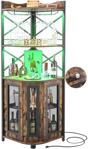 Aheaplus Corner Bar Cabinet with Power Outlet, Industrial Wine Cabinet with LED Strip and Glass Holder, 5-Tiers Liquor Cabinet Bar Unit for Home, Corner Display Cabinet for Small Space, Rustic Brown