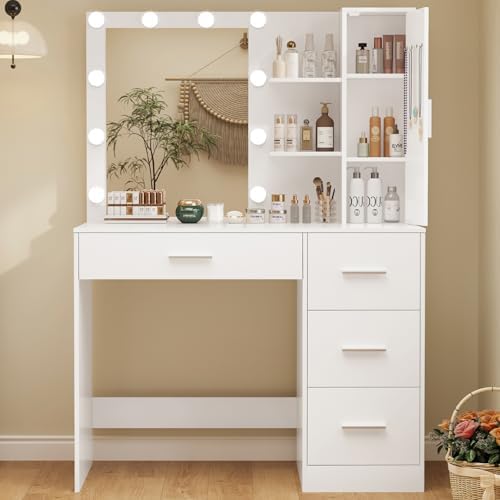 usikey Makeup Vanity with Lights, Vanity Desk with Mirror and 10 LED Lights, White Table with 4 Drawers, Cabinet & 4 Necklace Hooks, Dressing Table for Bedroom