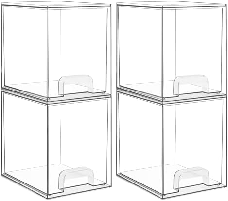 Vtopmart 4 Pack Clear Stackable Storage Drawers,7.6" H Plastic Organizers Bins for Skincare, Bathroom Supplies,Ideal for Cabinet,Undersink,Vanity,Kitchen,Pantry Organization