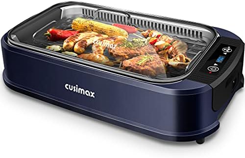 Indoor Grill CUSIMAX Electric Smokeless Grill Portable Korean BBQ Grill with Turbo Smoke Extractor Technology, Non-stick Removable Plate, Tempered Glass Lid, Great for Party(Single Plate)