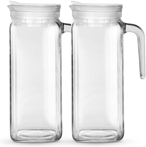 Amici Home Italian Igloo Quadra Glass Pitcher with Lid and Spout | Set of 2 | 34-Ounce | Clear Glass Water Pitcher for Refrigerator | Carafe for Iced Tea, Juice, Milk, Cold Brew and Mimosa Bar