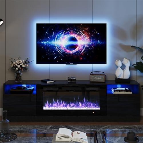 oneinmil Fireplace TV Stand with 36" Electric Fireplace, LED Light Entertainment Center, Modern Wood Texture Entertainment Stand with Highlight Storage Cabinet for TVs Up to 80", 70 inches, Black