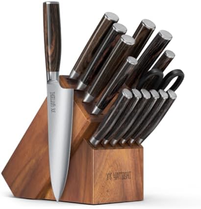 Yatoshi 15 Piece Knife Block Set - Pro Kitchen Knife Set Ultra Sharp High Carbon Stainless Steel with Ergonomic Handle