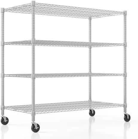 Homdox Heavy Duty Metal Shelves for Storage, 4 Tier Storage Racks and Shelving, Commercial Adjustable Wire Shelving Unit on Wheels, Garage Rack Pantry Shelves Kitchen Shelving, 24"x48"x72", Chrome