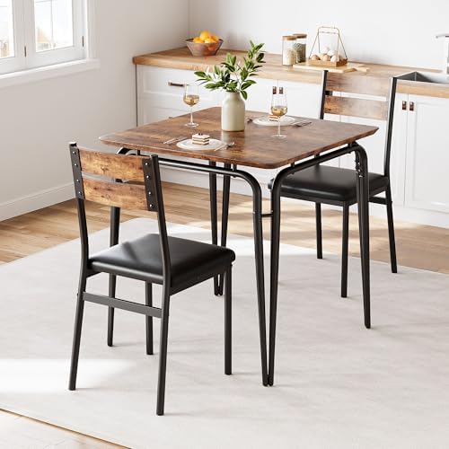 GarveeHome Dining Table for 2, Small Table and Chairs Set of 2, Square Dinette Set for 2, 3 Piece Kitchen & Dining Room Sets for Small Space (Vintage, Table with 2 Upholstered Chairs)