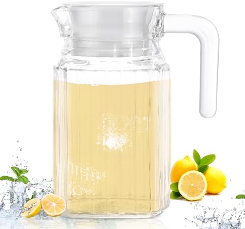 Gejoy 2 Pcs Glass Pitcher with Lid and Handle Fridge Pitcher with Spout Clear Glass Water Juice Containers small Milk Jug Jar Carafef or Lemonade Iced Tea Cocktails(16.75 oz,Stripe)