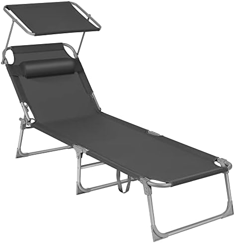 SONGMICS Sun Lounger, Patio Chaise Lounge Chair, Folding, with Canopy, 76 x 20.9 x 11.4 Inches, Holds 330 lb, Headrest, Adjustable Backrest, Outdoor Garden Pool, Dark Gray UGCB19UV1