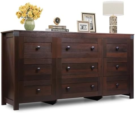 WLIVE Farmhouse Dresser for Bedroom, 63" Wide 9 Drawer Dresser Storage Organizer, Wood Chest of Drawers for Bedroom, TV Stand for 70 inch TV for Living Room, Hallway, Ball Bearing Slide (Brown)