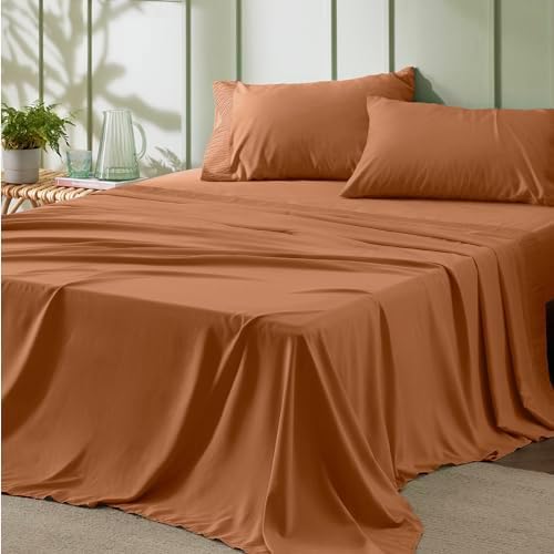 Bedsure Queen Sheet Set - 4 Pieces Soft Queen Size Sheets - Breathable & Cooling - Hotel Luxury - Easy Care Polyester Microfiber Bedding for Women, Men, Terracotta