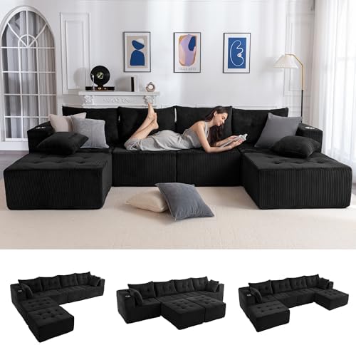 MAXYOYO Modular Sectional Sofa Couch, U Shaped Modern Cloud Couch with 2 Ottomans, Sofa in A Box, Tufted 6-Seat Boneless Sleeper Chair for Living Room, No Assembly Required, Black