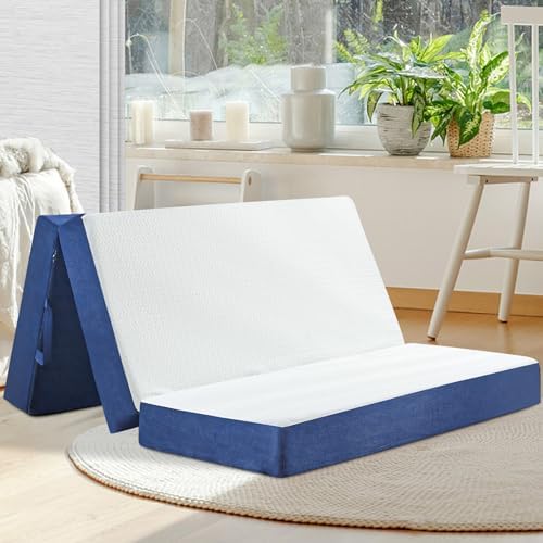Folding Mattress Queen Size, Memory Foam 6 inch Tri Portable Trifold Mattress Topper Queen with Breathable & Washable Cover, Foldable Guest Bed for Camping, 58"x75"x6"