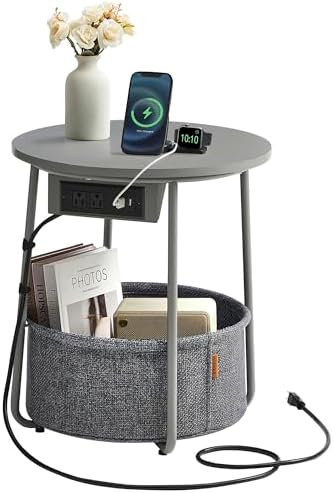 VASAGLE Side Table with Charging Station, Round End Table with Fabric Basket, Nightstand with Power Outlets, USB Ports, for Living Room, Bedroom, Modern, Dove Gray and Slate Gray ULET228G01