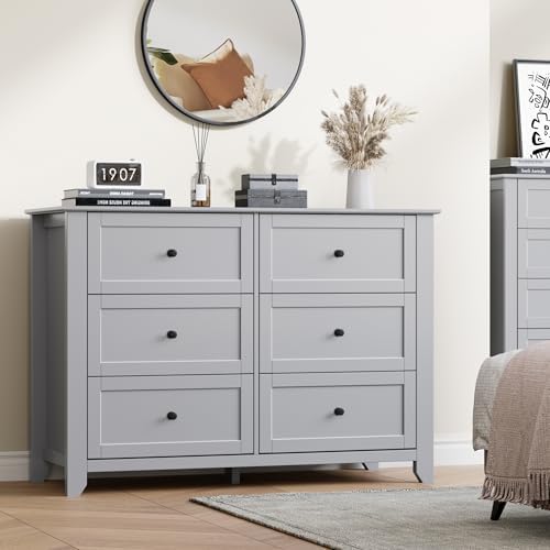 IDEALHOUSE Grey 6 Drawer Dresser for Bedroom, Large Dresser with Deep Drawers & Metal Knobs, Modern Wooden Chests of Drawers for Entryway, Hallway