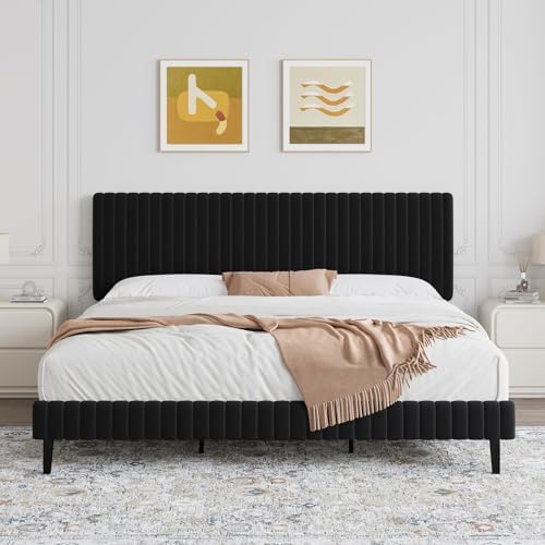 BarnFurin King Size Bed Frame, Velvet Upholstered Platform Bed with Vertical Channel Tufted Headboard and Footboard, No Box Spring Required, Easy Assembly, Black