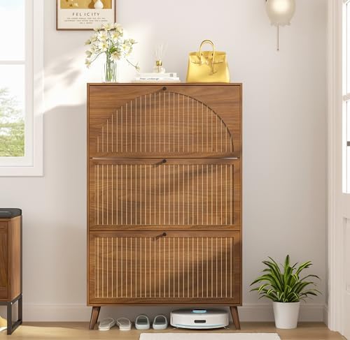 Shoe Storage Cabinet for Entryway with 4 Flip Drawers, Narrow Shoe Organizer with Fluted Panel, Freestanding Wood Hidden Shoe Cabinet for Foyer, Hallway (Walnut, 3 Flip Drawers)