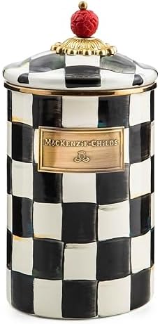 MACKENZIE-CHILDS Large Enamel Canister, Kitchen Storage Container for Flour and Sugar, 1.89 Liters, Black-and-White Courtly Check