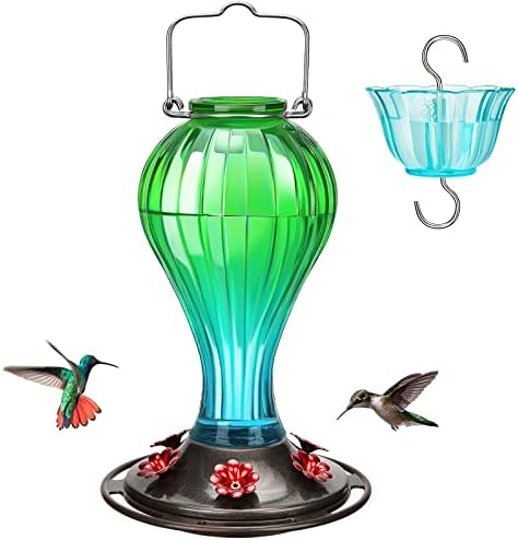 Kingsyard Glass Hummingbird Feeder 24 Ounces, 6 Feeding Ports, Hanging Bird Nectar Feeder for Outdoors Garden Yard DΓ©cor, Ant Moat Included, Green & Blue
