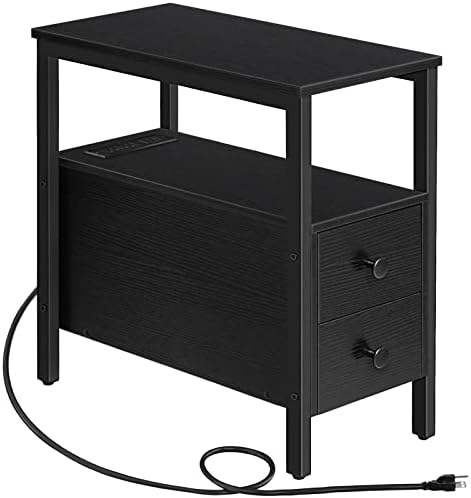 HOOBRO End Table with Charging Station, Narrow Side Table with 2 Drawer & USB Ports & Power Outlets, Nightstand for Small Spaces, Stable and Sturdy, for Living Room, Bedroom, Black BK541BZ01