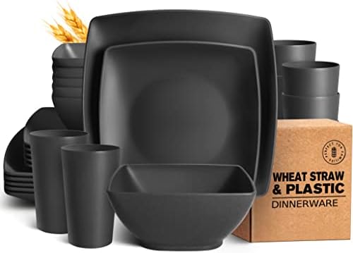 Teivio 24-piece Plastic Wheat Straw Square Dinnerware Set for 6, Unbreakable Dinner Plates, Salad Plates, Snack Bowls, Tumblers 13.5 oz, Dishwasher Safe, Outdoor Kitchen RV Dishes, Black